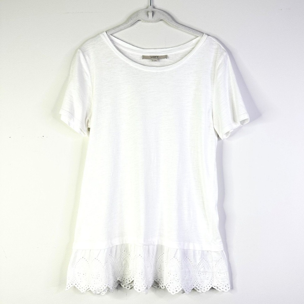 LOFT T-Shirt Women S White‎ Eyelet Scallop Lace Ruffle Hem Cotton Tee Tunic NWOT